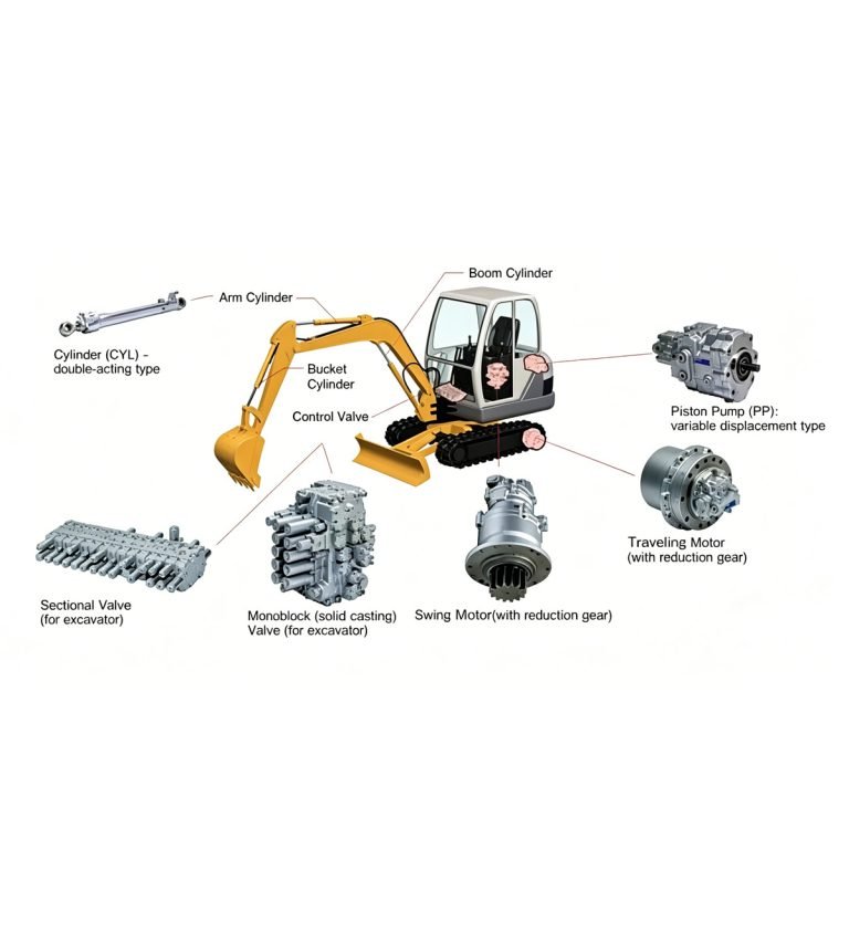 Sơ đồ cấu tạo các bộ phận của máy xúc