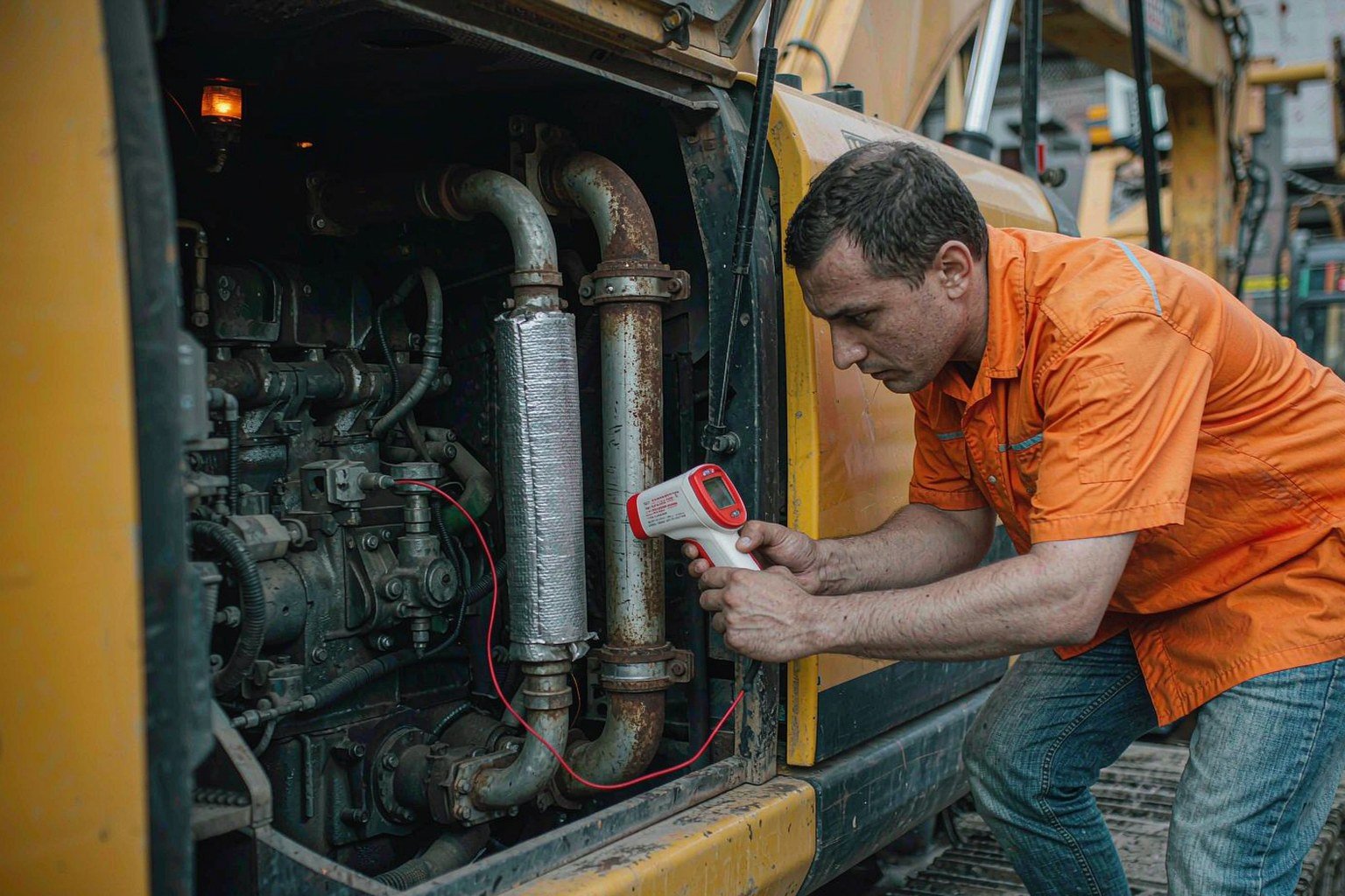 Technician using infrared thermometer on excavator oil cooler pipes